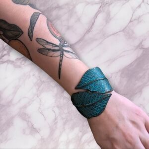 Vintage Hinged Enamel Cuff bracelet leaf